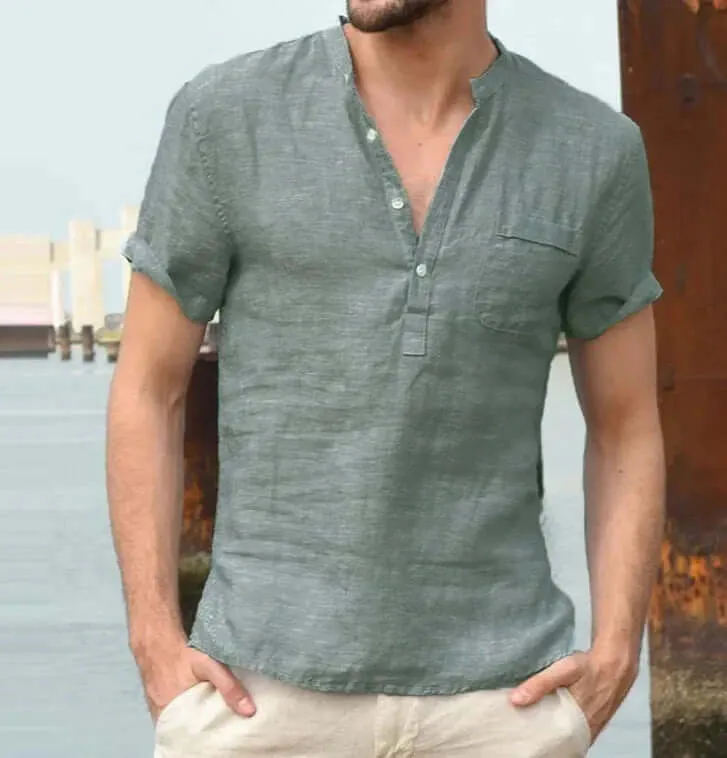 Men's Breathable Linen Shirt: Mandarin Collar, Short Sleeves