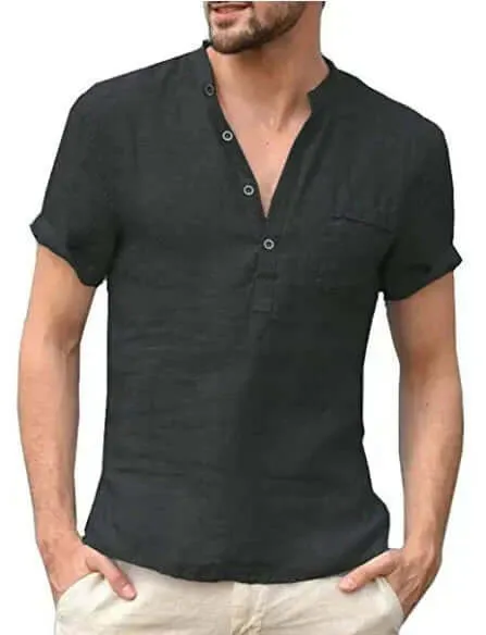 Men's Breathable Linen Shirt: Mandarin Collar, Short Sleeves