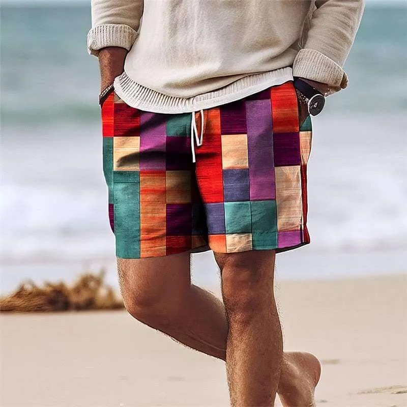 Men's Patchwork Knee-Length Shorts: Elastic Waist, Breathable